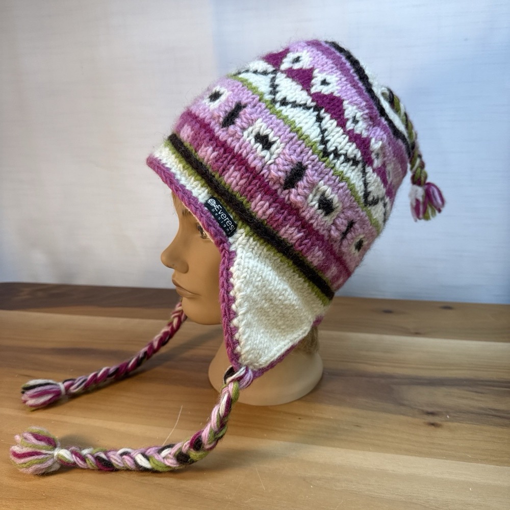 Everest Designs Earflap Aviator Handmade Wool Knit Beanie Hat Women Nepal Pink